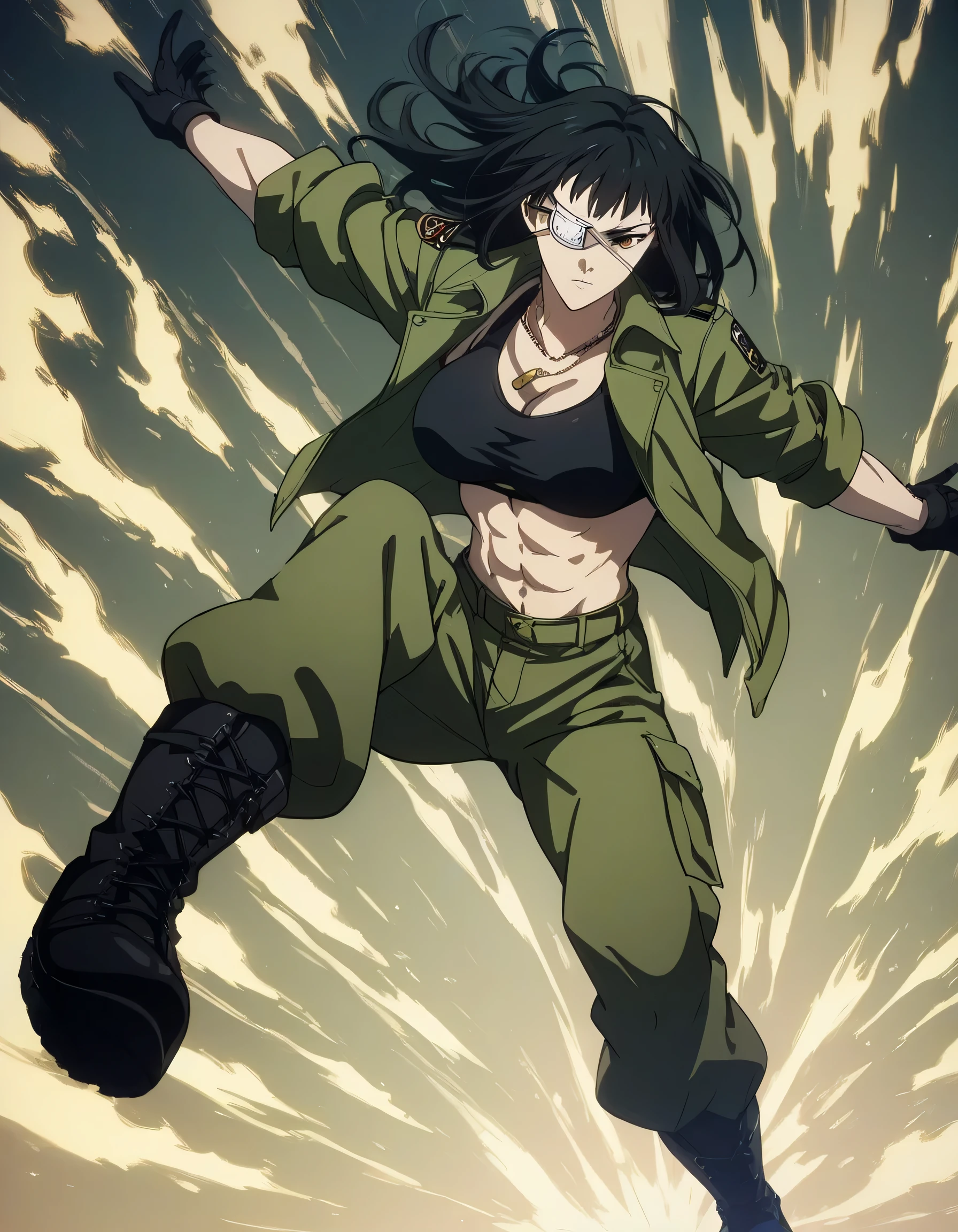 score_9, score_8_up, score_7_up,score_6_up,high resolution,source_anime,s0fiavalm3t,1girl,eyepatch,black hair,long hair,full body,dynamic pose,,pov,suspended in air, black sport bra,tall leather green jacket,military  brown Camouflage trousers,black boots,military necklace,gloves,in military base,fighting pose 