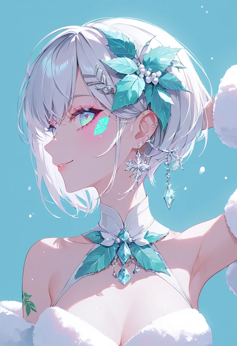 {nsfw}, medium breasts, one woman smiling, female profile, Face tattoo, Leaf shape, Eyes, digital tattoo, neon color, Neon white, white base white hair, Pastel colors, short bob hair, barrette masterpiece ,Best Quality,Exquisite,8k, absurd,Ultra-detailed illustrations, white Santa Claus costume, gemstone pierce, armpits, snow, 