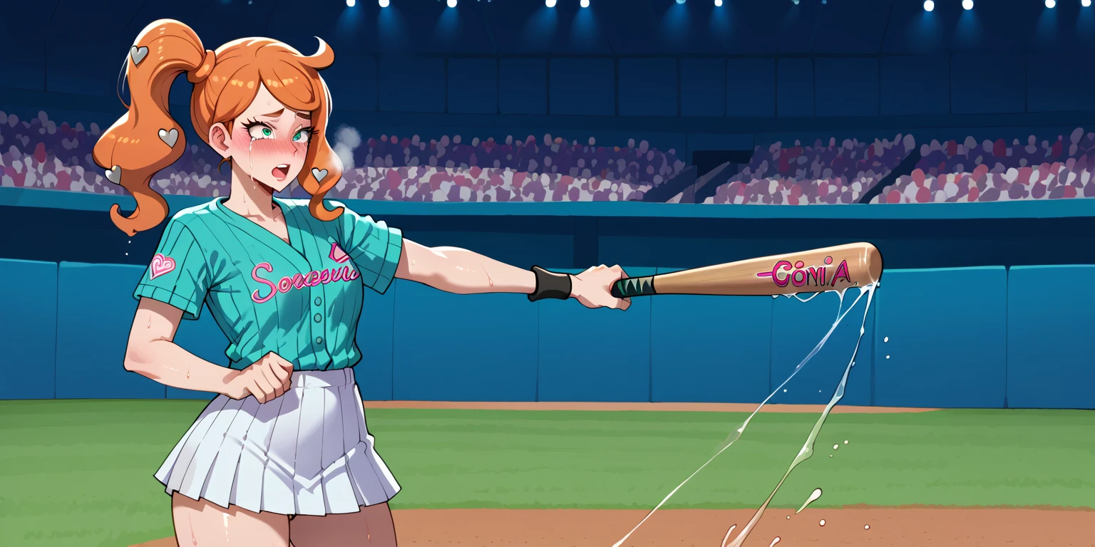 score_9,score_8_up,score_7_up, Professor Sonia \(pokemon\), 1girl, baseball field, baseball outfit, tiny white skirt, baseball bat anal, masturbating with bat, baseball bat in butthole, embarrassed, blushing, filled crowd, squirting, crying, smeared mascara, sweaty, sweat droplet, shocked