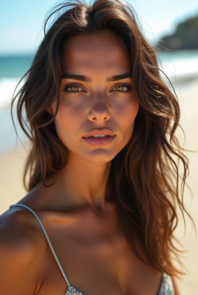 there is a 25-year-old woman, olhos castanhos, latino americana, posando para foto, numa praia, in black bikini, with arm covering breasts, menina sexy, foto de modelo, corpo perfeito, foto realista, cabelo castanho, (garota bonita: 1.3) (cabelo: 1.3) Textura Facial e de Pele Altamente Detalhadas, (Pose)), (Sedutor)) melhor qualidade, 4k, Canon, entardecer, belos olhos e rosto detalhados, olhos castanhos,((pelos marrons:1.2)) ((corpo inteiro:1.3)) ((cabelos longos:1.2))