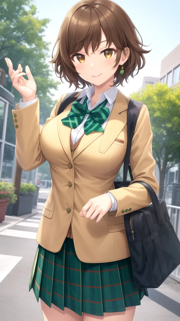 masterpiece, best quality, high quality, girl, solo, looking at viewer, kogure_kawanami, brown hair, brown eyes, large breasts, school uniform, green bowtie, blazer, yellow jacket, long sleeves, plaid skirt, green skirt, standing, cowboy shot, outdoors, smile, 