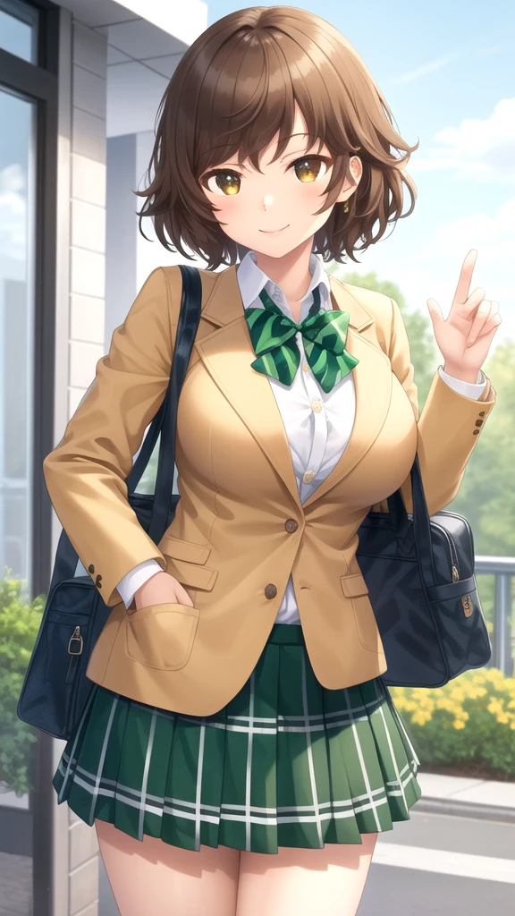 masterpiece, best quality, high quality, girl, solo, looking at viewer, kogure_kawanami, brown hair, brown eyes, large breasts, school uniform, green bowtie, blazer, yellow jacket, long sleeves, plaid skirt, green skirt, standing, cowboy shot, outdoors, smile, 