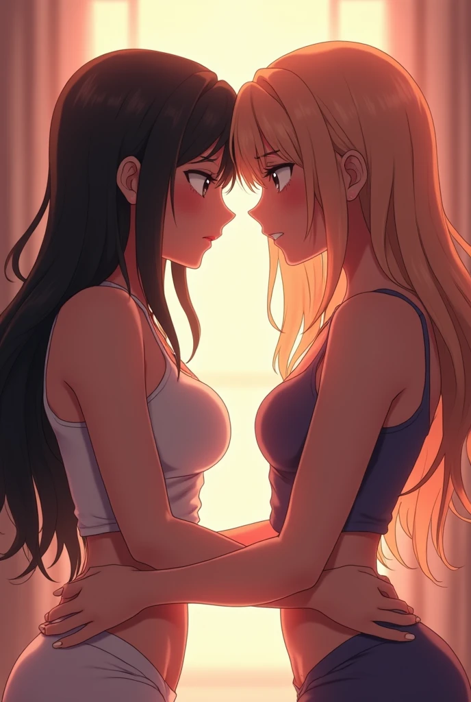 (anime style)two naked girls,touching her tits,They have no support