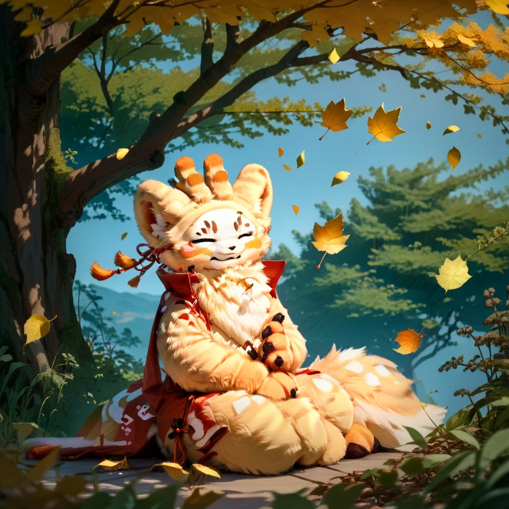 score_9, score_8_up, score_7_up, sibuxiang, fursuit, closed eyes, furry, solo, 1boy, looking at viewer, wind, golden leaves, tree, sitting,