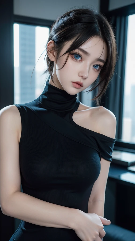  cyberpunk edgerunners,  1 girl , Lucy ( cyberpunk), Bare shoulders,  blue eyes, chest,  leotards,  watching viewers, medium chest,  off shoulder のジャケット,  off shoulder ,  red eyeliner ,  short hair, sleeveless turtleneck  leotards, Alone, turtleneck  leotards, Gray Hair, ((masterpiece)) ( top quality, masterpiece)