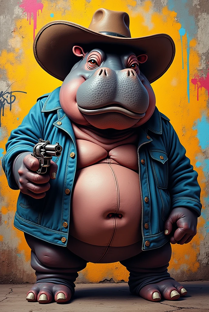 Generates a fat and obese anthropomorphic hippo, He has long hair with blue dyed tips and wears biker clothing.