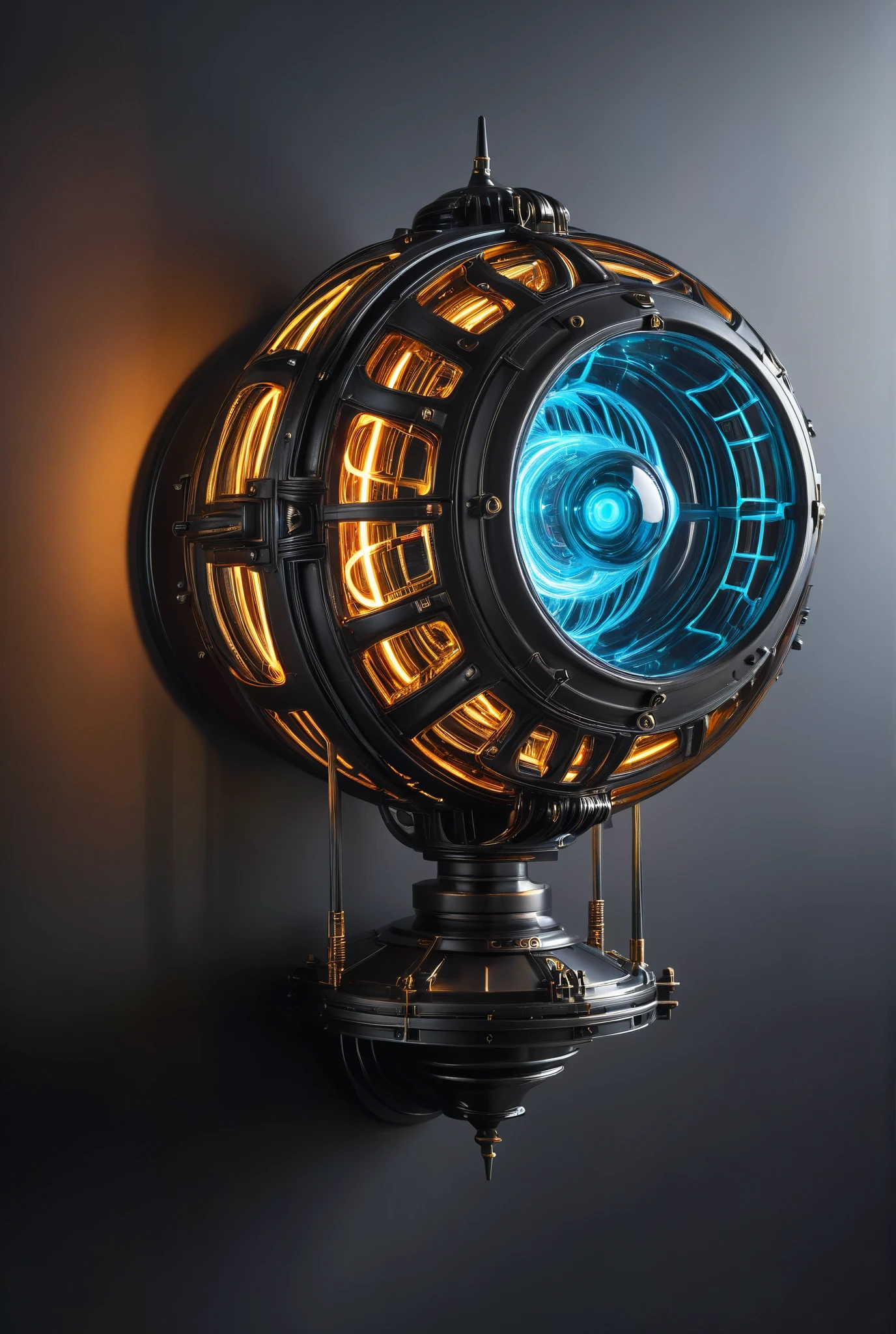 "Create a hyper-detailed, futuristic alien spaceship engine core wall-mounted lamp. The design should center around an 80mm crystal ball that appears to float in the middle of the composition, glowing dynamically with vibrant RGB lighting. Surround the ball with layered radial structures crafted from sleek matte black and metallic silver materials. These structures should combine sharp, intricate mechanical edges with flowing, organic patterns, seamlessly blending high-tech engineering with an ethereal, celestial aesthetic.

Incorporate translucent PET-G-like filaments radiating outward from the ball in precise, Fibonacci-inspired spirals, mimicking energy flows. These filaments should glow brightly, refracting light in a way that creates vibrant and mesmerizing light patterns. The spirals should connect harmoniously to the surrounding mechanical and organic elements, giving the impression of a powerful alien energy source.

Add a horizontal glowing line across the center of the ball t