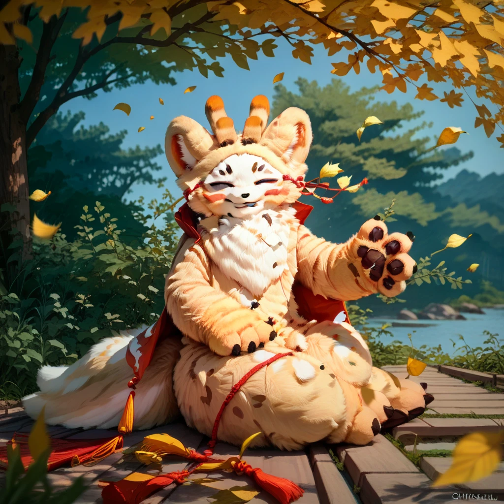 score_9, score_8_up, score_7_up, sibuxiang, fursuit, furry focus, furry style, furry costume, anthropomorphic, anthro, closed eyes, furry, solo, 1boy, looking at viewer, wind, golden leaves, tree, sitting,
