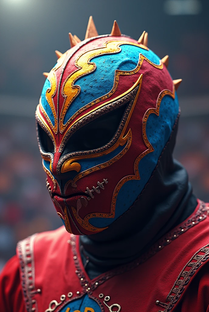 Muscular macho, wrestling mask, bloody devil mask, champion theme. Powerful body, sweating body. Heatwaves