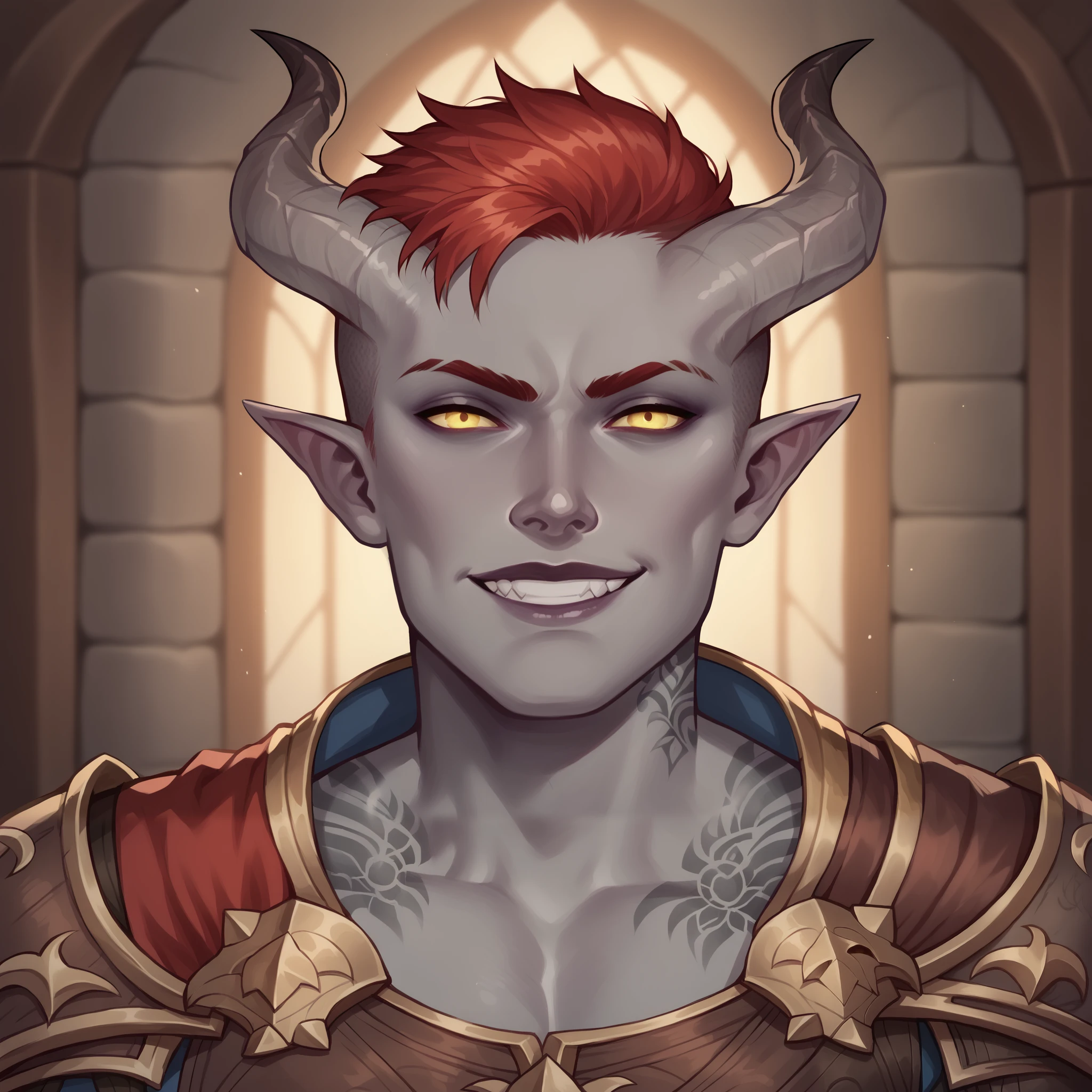 (((beautiful, high quality, comics style, detailed face))), score_9, score_8_up, score_7_up, BREAK, mature_man, evil grin, smug, Tiefling, pointed ears, horns, (gray skin:1.3), red hair, buzz_cut, yellow_eyes, elf ears, fantasy armor, tattoos, tattooed_arms, Tattooed_face, robes, male focus, solo:1.4, portrait, upper body, portrait, looking at the viewer, ruined battlefield, fantasy, blurred background, Expressiveh, detailxl