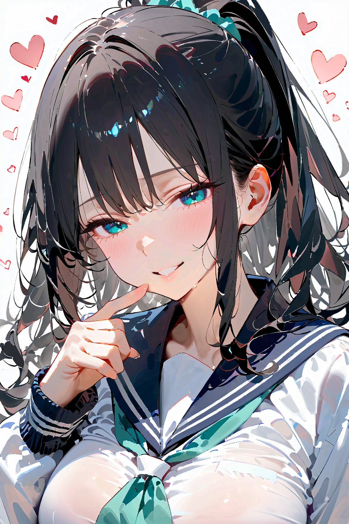 1girl, finger to mouth, (face focus:1.3),
looking at viewer, seductive smile, (facing to the side:1.2), sideways glance,
half-closed eyes, heavy breathing, parted lips, embarrassed,
simple background, heart background,
BREAK
18yo, girl, (black hair:1.2), ponytail, (wavy hair:1.2), (hair between eyes:0.7), long sideburns, long sidelocks, (aqua scrunchie:1.0), (large breasts:1.3),
school uniform, serafuku, white shirt, white sleeves, long sleeves, (sleeves lines:1.2), navy sailor collar, aqua neckerchief,


masterpiece,best quality,amazing quality,very aesthetic,absurdres,newest, 