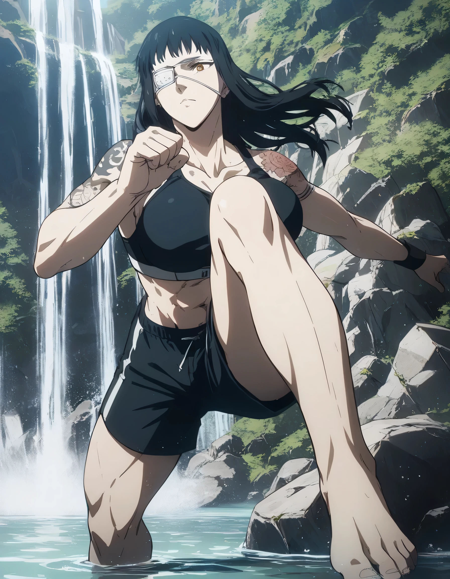 score_9, score_8_up, score_7_up,score_6_up,high resolution,source_anime,s0fiavalm3t,1girl,eyepatch,black hair,long hair,,water,rocks,volumetric lighting,rim lighting,dof,dramatic shadow,full body,dynamic pose,looking at viewer,pov,suspended in air, tattoos on shoulder,wearing sport boxing bra,black sport shorts,Barefoot,training hard,Parkour 