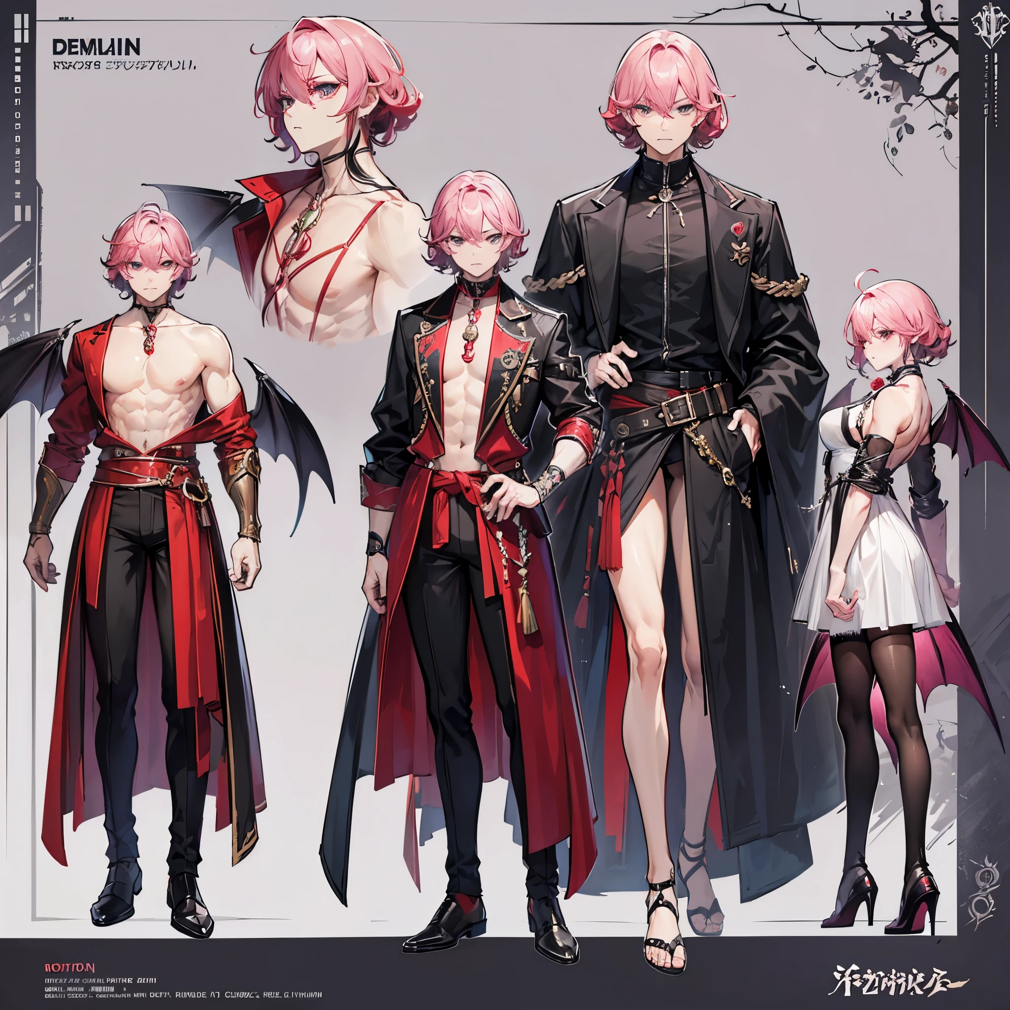 (Masterpiece, best quality), detailed, 1 man, ((character concept art)), ((character design sheet, same character, front, side, back)), full body, body complete, 1 Male angel, 1 Man angel, Detailed face, character design sheet,full bodyesbian, Highly detailed, character sheet, character design, Many parts, dark skin, angel wings, short pink hair, angel outfit, muscle male god, male clothes, masculine, muscle man, male muscle, manly, male angel, Muscle male with short pink hair,beautiful man, beautiful muscle man