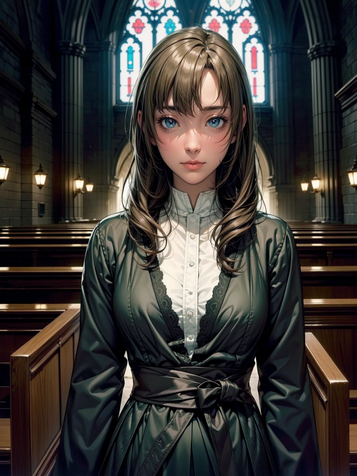 (at night, darkness, no light:1.4), in a church, Mamako Oosuki , possessed, lowing green eyes, faint green light around her head