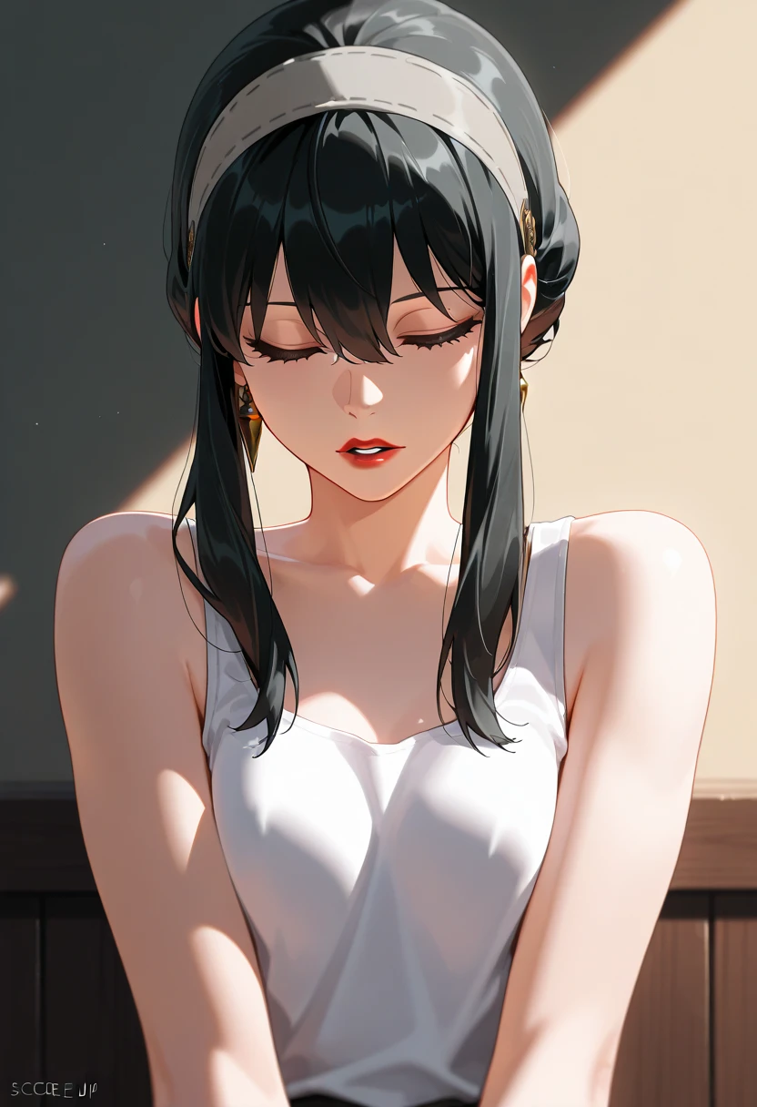 masterpiece, top quality,great quality, your briar ,  1 girl , Under the arms,  raise your arms ,  black hair, chest,  eyes closed , grey  headband,  headband, medium chest, Open lips,  red lips,  side lock, Alone,  tank top, white  tank top