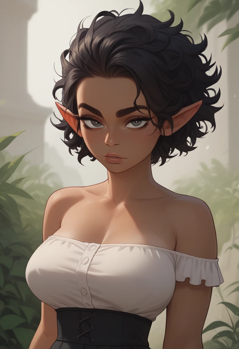 1female elf, looking at viewer, black hair, big eyebrows, messy hair, (tanned skin), (seductive expression), small upper body in relation to big head, small waist, big breasts
BREAK
score_9, score_8_up, score_7_up, score_6_up, score_5_up, score_4_up
