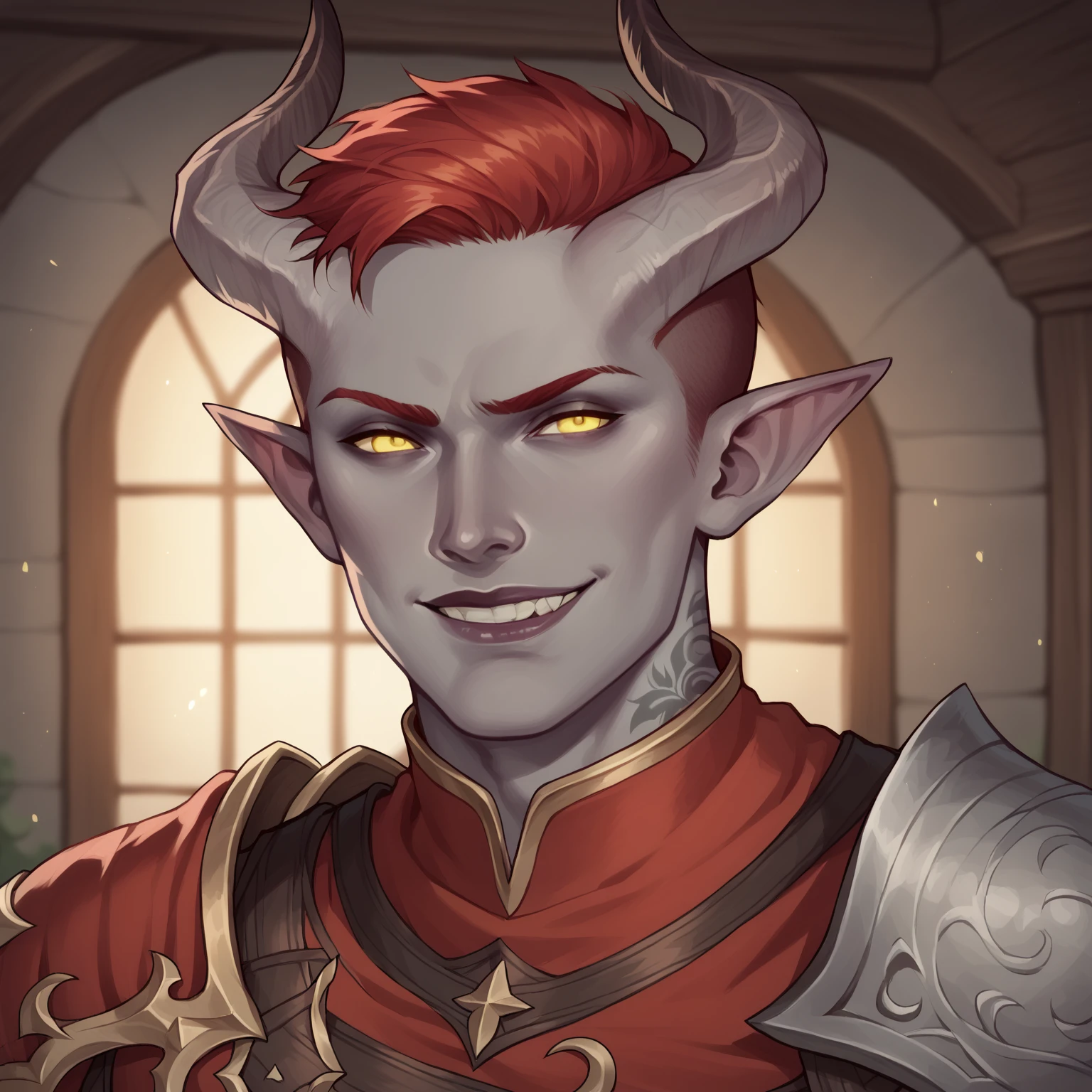 (((beautiful, high quality, comics style, detailed face))), score_9, score_8_up, score_7_up, BREAK, mature_man, evil grin, smug, Tiefling, pointed ears, horns, (gray skin:1.3), red hair, buzz_cut, yellow_eyes, elf ears, fantasy armor, tattoos, tattooed_arms, Tattooed_face, robes, male focus, solo:1.4, portrait, upper body, portrait, looking at the viewer, ruined battlefield, fantasy, blurred background, Expressiveh, detailxl