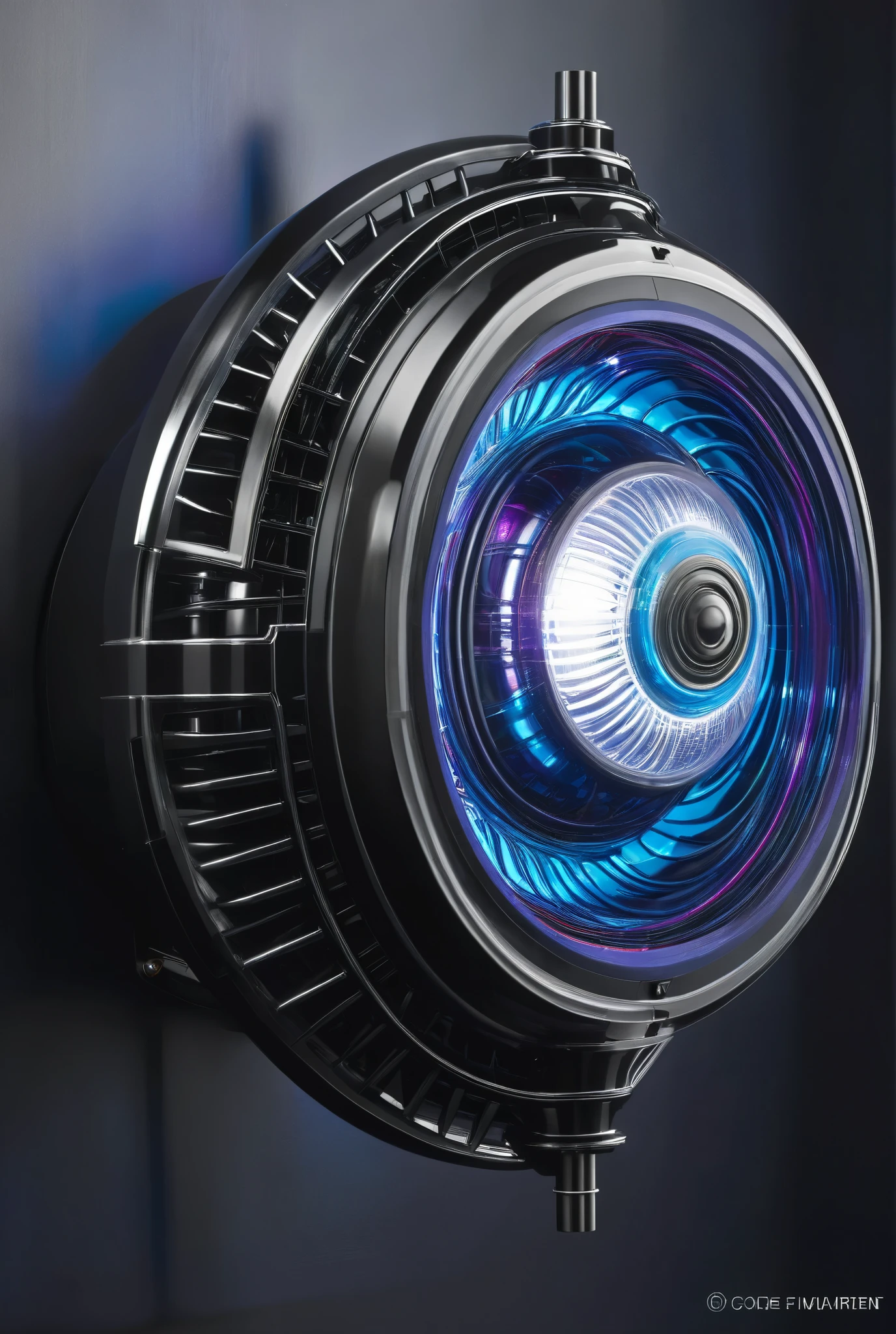 "Create a hyper-detailed, futuristic alien spaceship engine core wall-mounted lamp. The design should center around an 80mm crystal ball that appears to float in the middle of the composition, glowing dynamically with vibrant RGB lighting. Surround the ball with layered radial structures crafted from sleek matte black and metallic silver materials. These structures should combine sharp, intricate mechanical edges with flowing, organic patterns, seamlessly blending high-tech engineering with an ethereal, celestial aesthetic.

Incorporate translucent PET-G-like filaments radiating outward from the ball in precise, Fibonacci-inspired spirals, mimicking energy flows. These filaments should glow brightly, refracting light in a way that creates vibrant and mesmerizing light patterns. The spirals should connect harmoniously to the surrounding mechanical and organic elements, giving the impression of a powerful alien energy source.

Add a horizontal glowing line across the center of the ball t