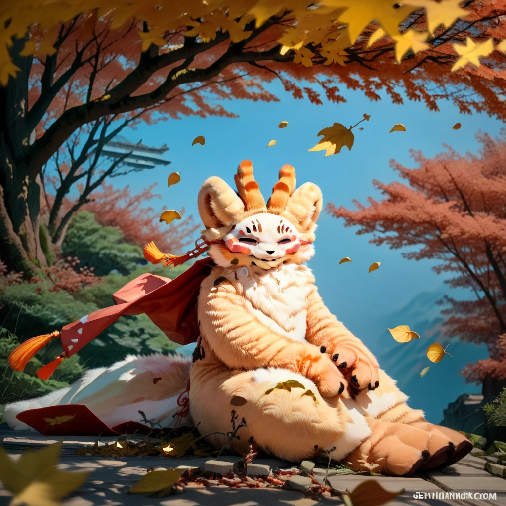 Very detailed, realistic, score_9, score_8_up, score_7_up, sibuxiang, sibuxiang mask, fursuit, furry focus, furry style, furry costume, anthropomorphic, anthro, closed eyes, furry, solo, 1boy, looking at viewer, wind, golden leaves, tree, sitting, fluffy
