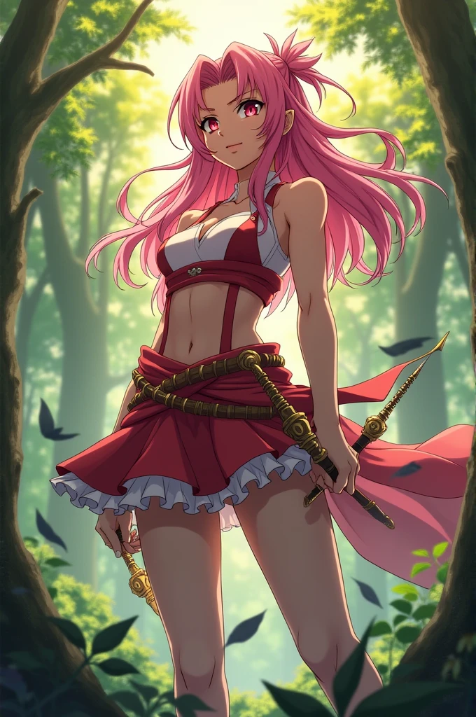 teens girl,Troubled face,tits out,Pink hair,Warrior Uniforms,faerie,In a fantastic forest,Morning haze,from the rear,Holding an ax in his right hand,The halo is