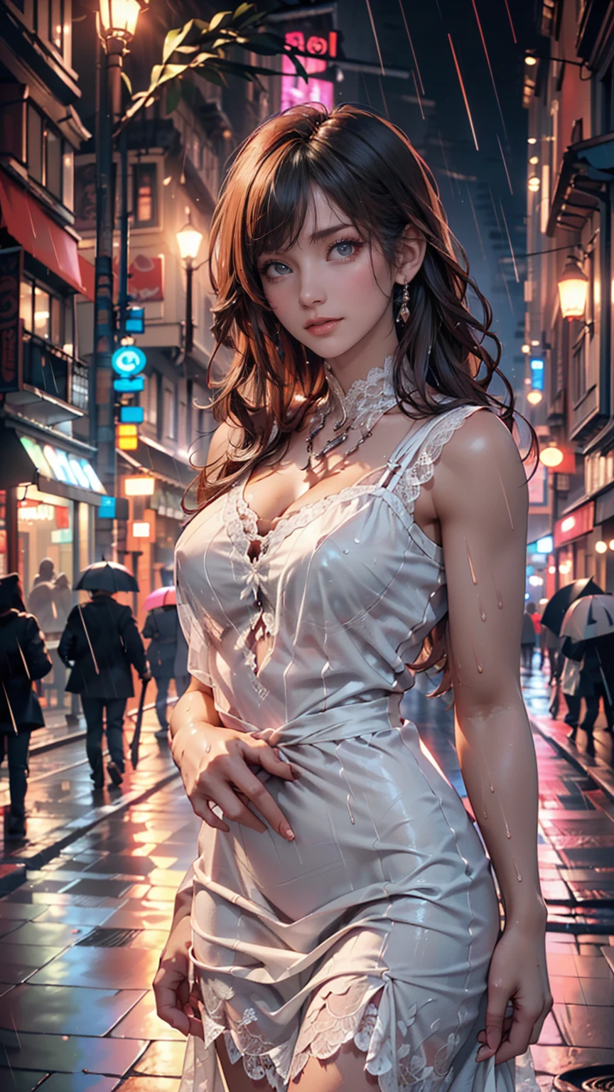 ((Highest quality, 8k, lace maxi dress, Standing in the rain, Red Light District, Highly detailed face and skin texture, Detailed eyes, double eyelid.)