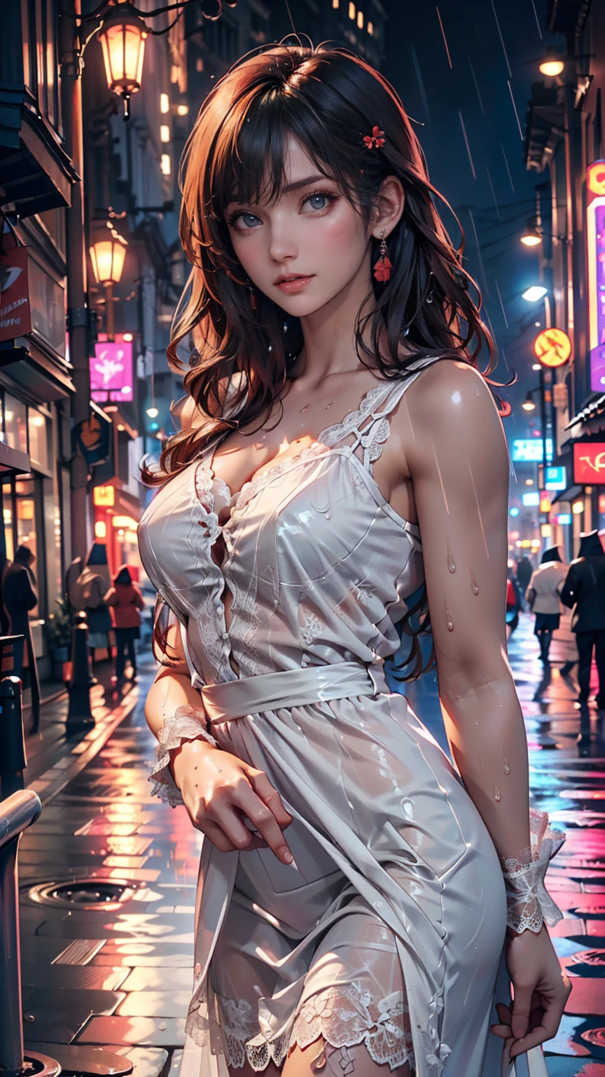 Transparent, wet gradient, (without bra) (small and beautiful hard (thin and moist buttons up to the length of the shirt: 1.1), (white shirt wet with rain), (rain, street: 1.2), wet body: 1.1, very detailed face and skin texture, detailed eyes, double eyelids, moody atmosphere, sharp eyes, (large), ((8k, RAW photos, top quality, masterpiece), High Definition RAW Color Photo Professional Close-up Photo, (Realistic, Photorealism: 1.37), (Best Quality), (Best Shadow), (Best Illustration), ((Erotic, Sexy, Ultra High Definition, High Definition CG Integrated 8K Wallpaper, Physically Based Rendering, Cinematic Lighting), 1 School 18 Year Old Girl, Straight Hair, (Big)