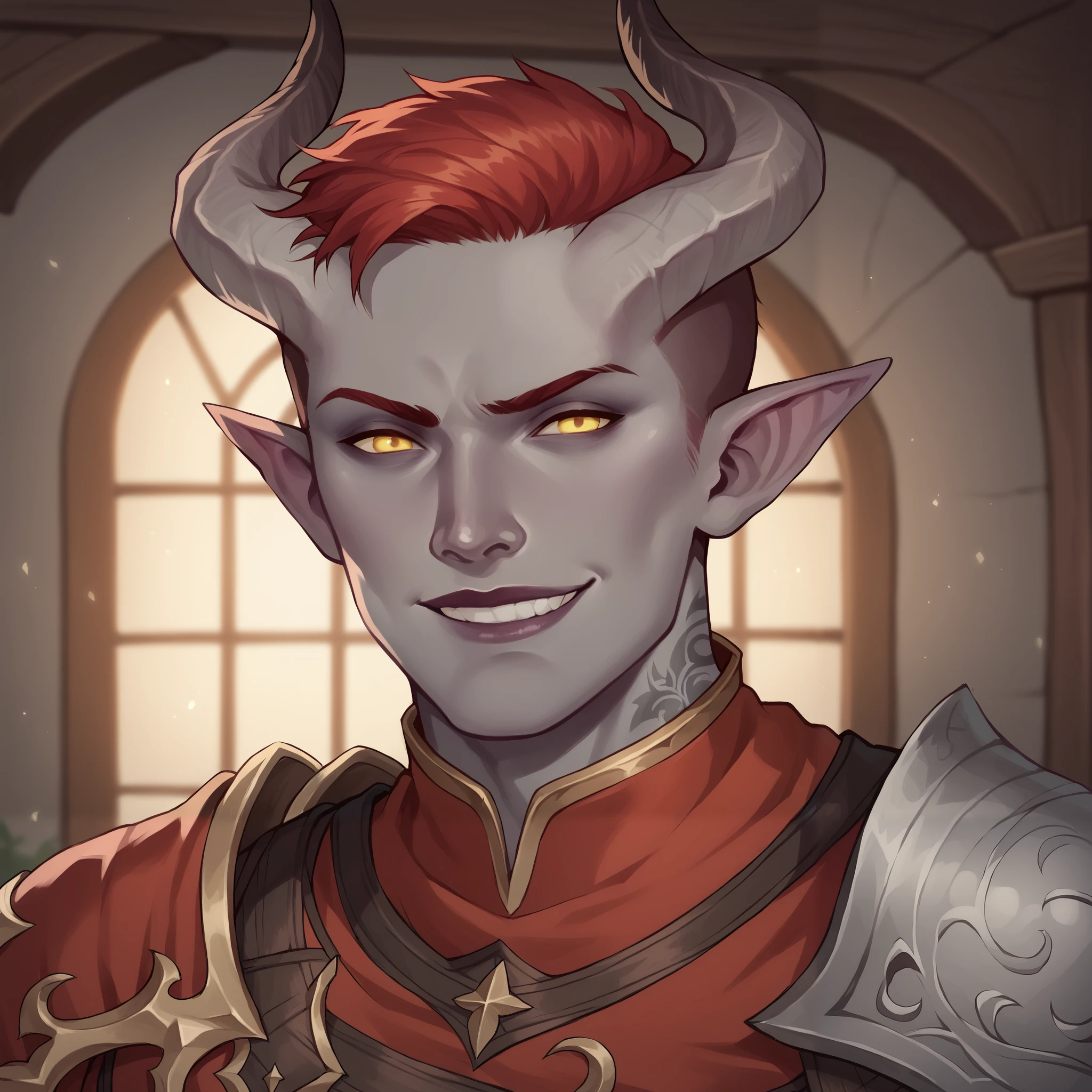 (((beautiful, high quality, comics style, detailed face))), score_9, score_8_up, score_7_up, BREAK, mature_man, evil grin, smug, Tiefling, pointed ears, horns, (gray skin:1.3), red hair, buzz_cut, yellow_eyes, elf ears, fantasy armor, tattoos, tattooed_arms, Tattooed_face, robes, male focus, solo:1.4, portrait, upper body, portrait, looking at the viewer, ruined battlefield, fantasy, blurred background, Expressiveh, detailxl