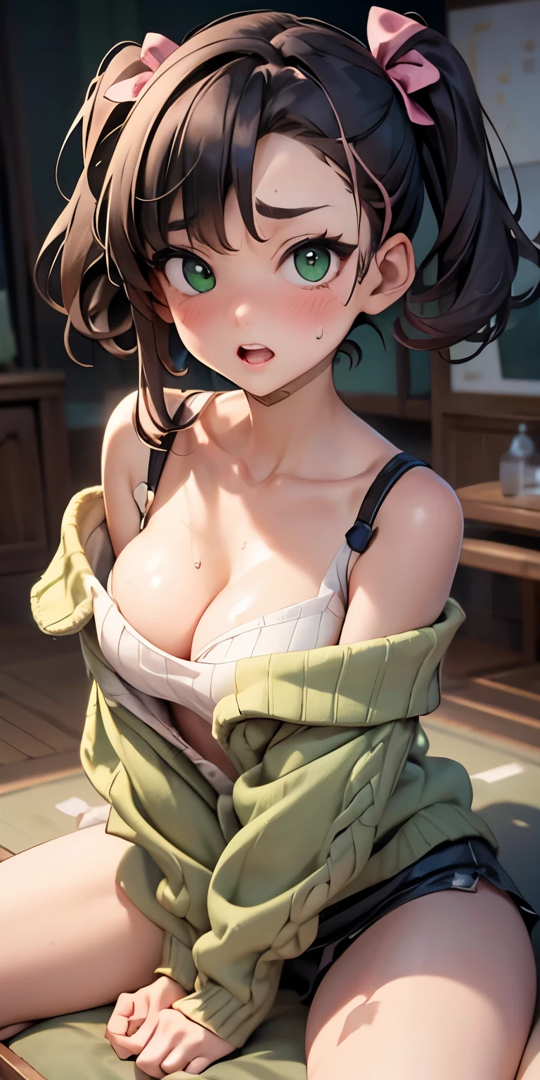Open your mouth wide and have a climax face、 sweated、()、Black Pigtails、 tomboy .Bust cleavage emphasis 、(I'm wearing a green off-the-shoulder summer sweater)、 sexy poses 、 embarrassed expression、Moisturized pink lips