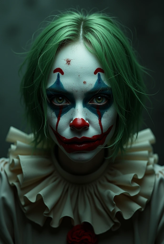 A creepy clown girl with short hair in green colors. She has a sad face ...