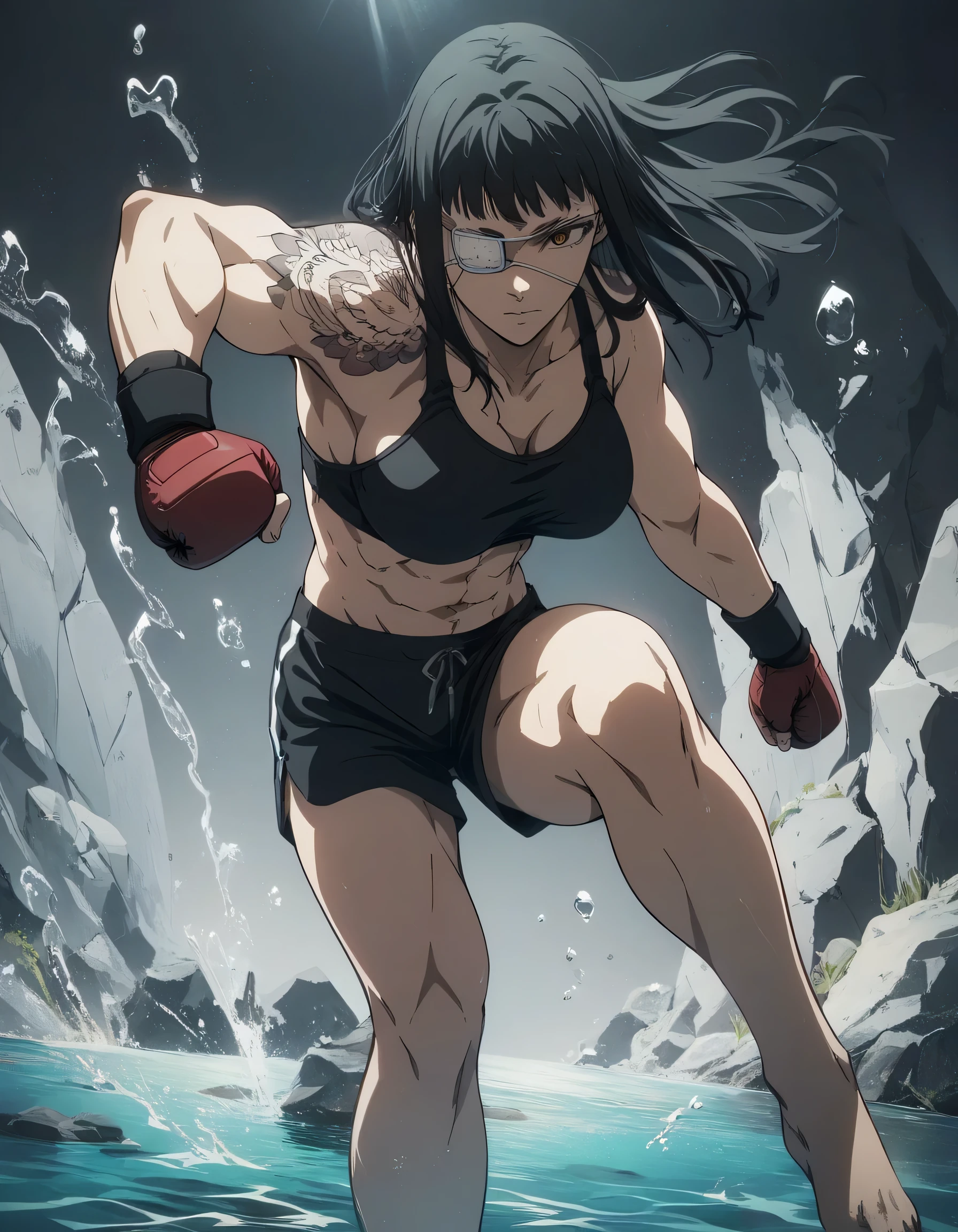 score_9, score_8_up, score_7_up,score_6_up,high resolution,source_anime,s0fiavalm3t,1girl,eyepatch,black hair,long hair,,water,rocks,volumetric lighting,rim lighting,dof,dramatic shadow,full body,dynamic pose,looking at viewer,pov,suspended in air, tattoos on shoulder,wearing sport boxing bra,black sport shorts,Barefoot,training hard,Parkour,dirty clothes and body 