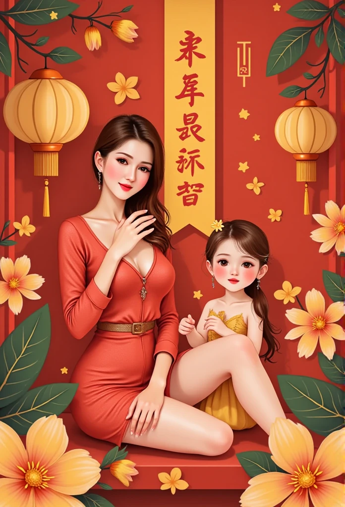 The baby cute snake and Lisamy, beautiful woman bends into the numbers "BEP 4.0 KINH CHUC TET AT TY 2025," Lisamy,
creating a Vietnamese New Year atmosphere. This illustration adopts a flat and colorful style with geometric patterns. the lines and shapesare eye-catching,the color matching is full of vitality,the cartoon image incorporates traditional artistic elements,and the expression is liveIy,red,