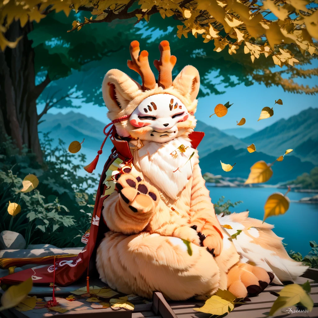 Very detailed, realistic, score_9, score_8_up, score_7_up, sibuxiang, sibuxiang mask, fursuit, furry focus, furry style, furry costume, anthropomorphic, anthro, closed eyes, furry, solo, 1boy, looking at viewer, wind, golden leaves, tree, sitting, fluffy fur, closed mouth, sibuxiang antlers
