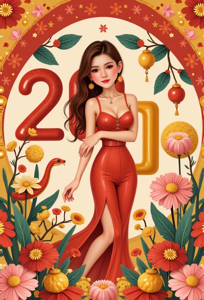 A cute snake and Lisamy, beautiful woman bends into the numbers "BEP 4.0 KINH CHUC TET AT TY 2025," Lisamy,
creating a Vietnamese New Year atmosphere. This illustration adopts a flat and colorful style with geometric patterns. the lines and shapesare eye-catching,the color matching is full of vitality,the cartoon image incorporates traditional artistic elements,and the expression is liveIy,red,