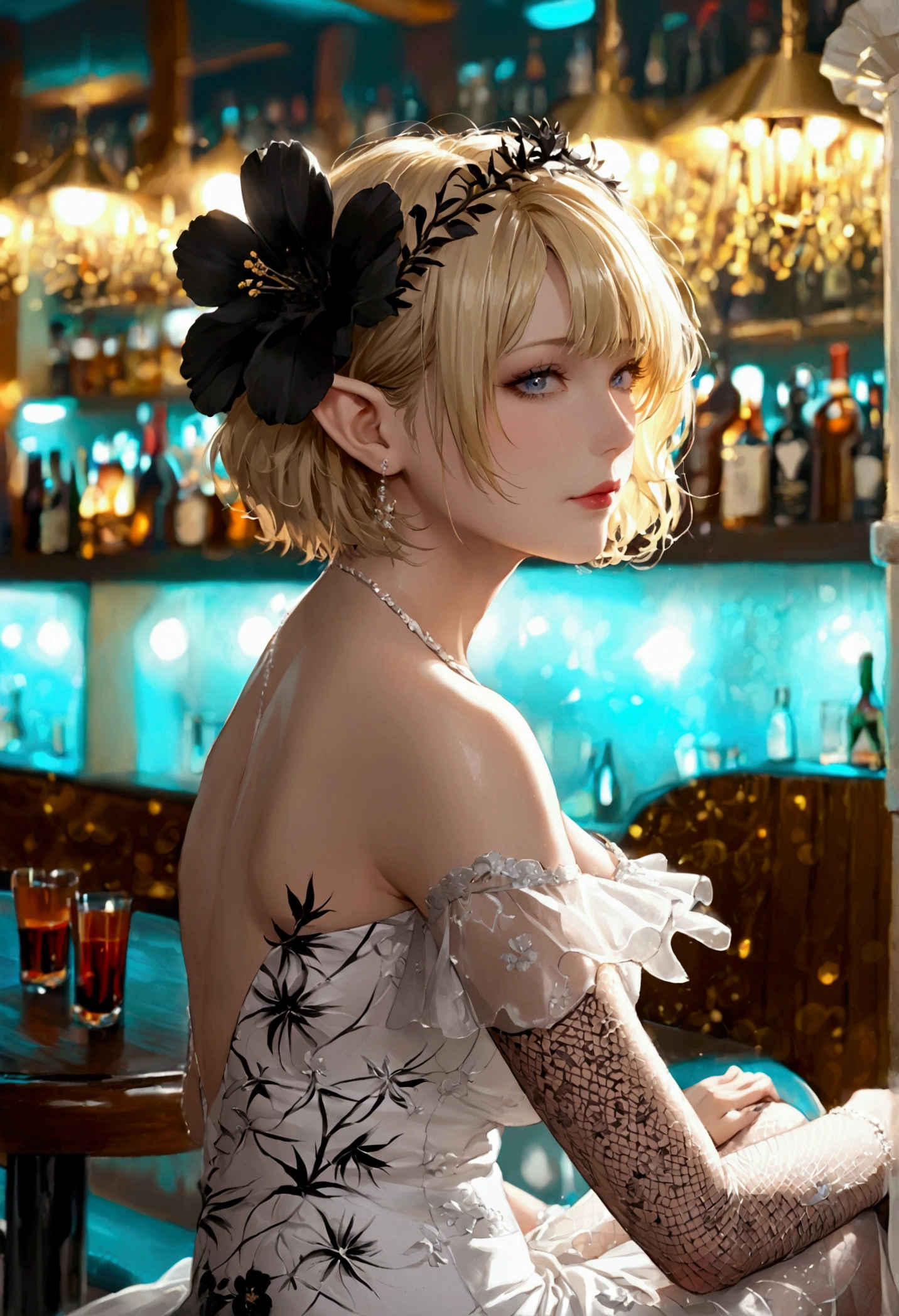 mature elf wearing resort dress, sleeveless dress, white dress, Huge black flower printed dress, fishnet stocking, braless, no bra, covered huge boobs, short hair, blonde hair, bar, sitting