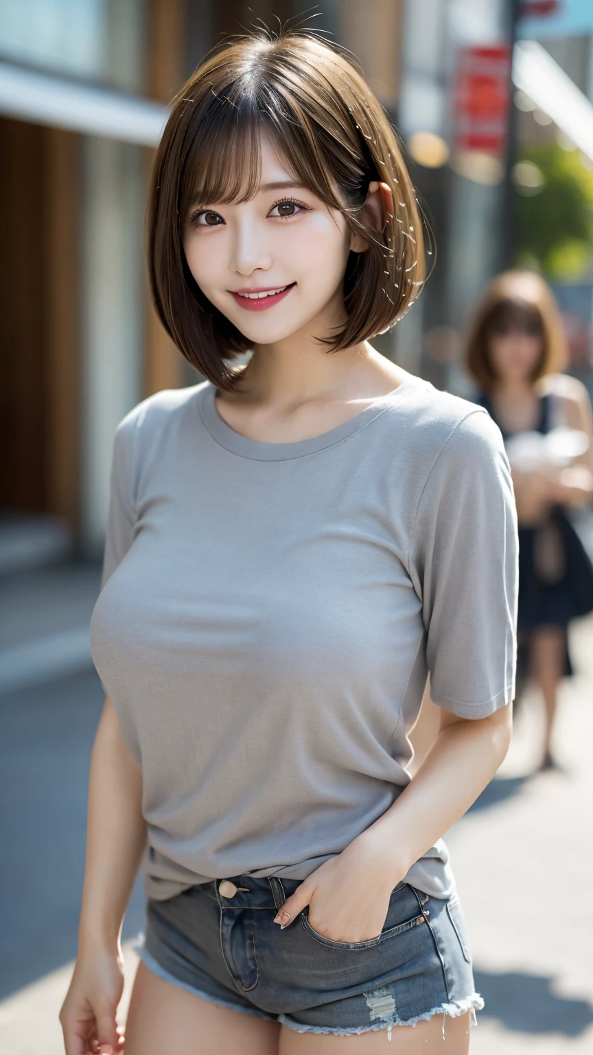 One girl, Summer clothes, Short sleeve black t-shirt, short hair, 20-year-old Japanese, beautiful, cute face, pretty face, neat, smiling, 8-head body, height 165cm, weight 48kg, bust 83cm, waist 60cm, hips 82cm, Small breathts, Living in Hiroshima City, A college student aspiring to become a model, (((portrait))), full face