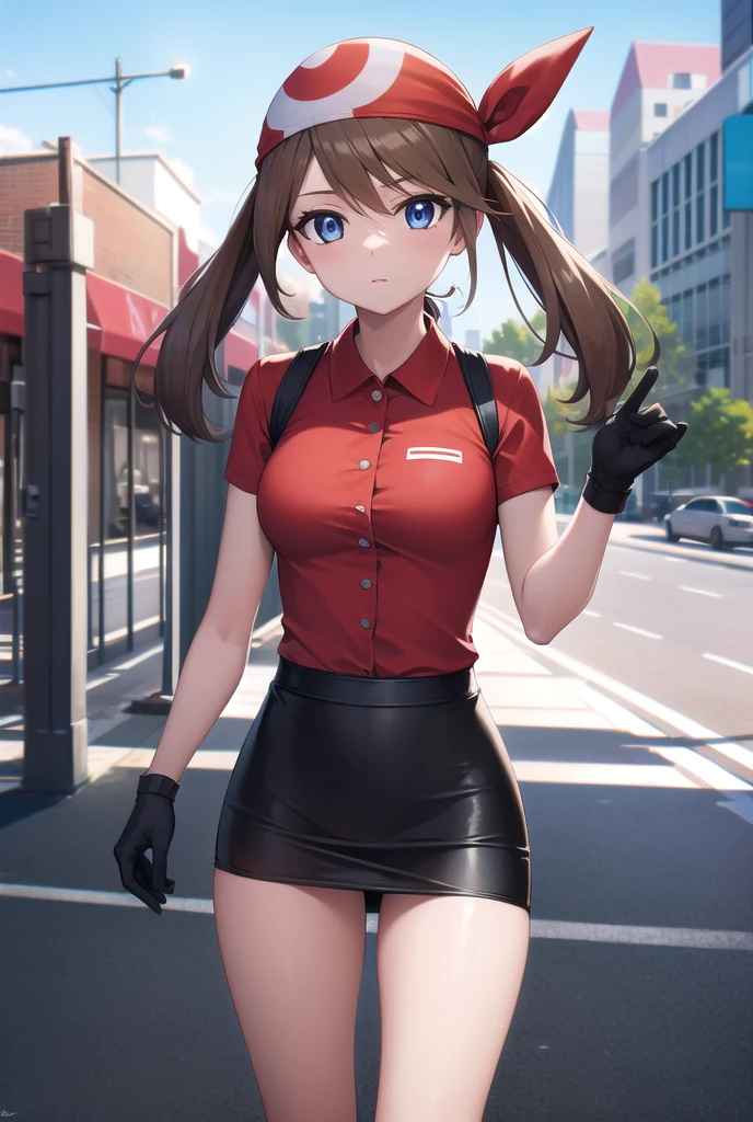 pokemonmay, pokemonmay, blue eyes, brown hair, bandana, long hair, red bandana, twintails, hair between eyes, (small breasts:1.2),
BREAK, collared shirt, gloves, microskirt, multicolored shirt, pencil skirt, red shirt, shirt, short sleeves, skirt, white skirt,
BREAK looking at viewer, upper body, full body,
BREAK outdoors, city, sky, sun,
BREAK (masterpiece:1.2), best quality, high resolution, unity 8k wallpaper, (illustration:0.8), (beautiful detailed eyes:1.6), extremely detailed face, perfect lighting, extremely detailed CG, (perfect hands, perfect anatomy),large breasts open legs lace panties muscle_abs 