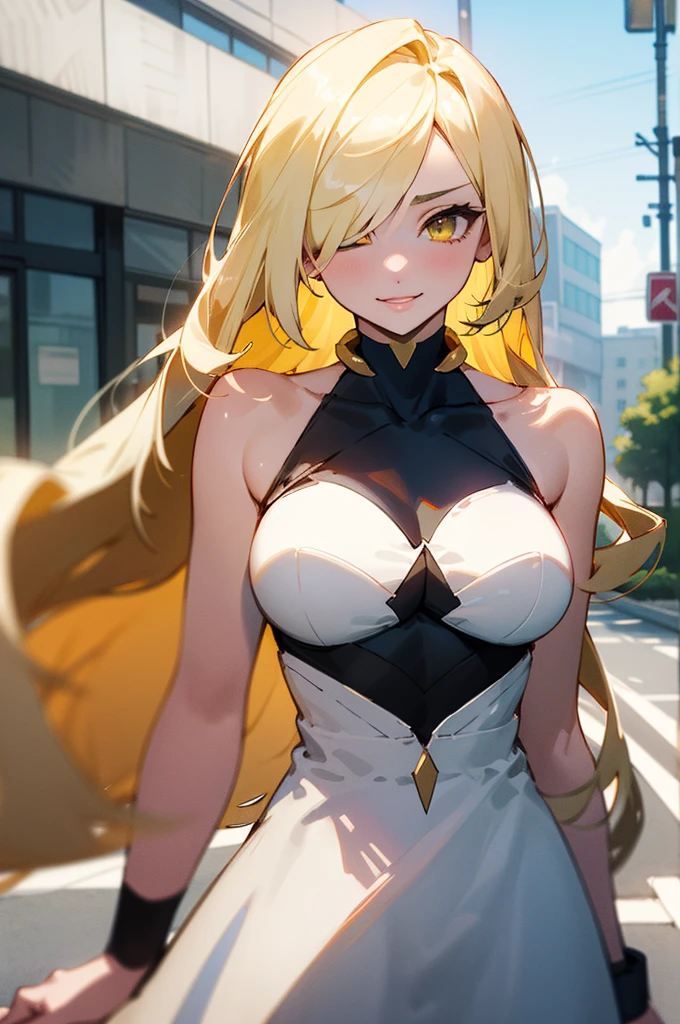 (masterpiece),  top quality,  very detailed bust, One person (Ramping ,  slender and sexy body, Big and beautiful breasts,  blondes_hair, 非常に長いhair (hair over one eye:1.3),  yellow eyes,  Half Closed Eyes),  enchanting face ,  wicked smile,  let go of her lips, Alone, Outdoor, street,  standing with different breasts , Paleo dress 