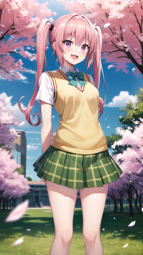 masterpiece, best quality, highres, aanana, long hair, twintails, school uniform, green bowtie, white shirt, sweater vest, short sleeves, plaid skirt, green skirt, standing, cowboy shot, outdoors, smile, open mouth, leaning forward, arms behind back, cherry blossoms,