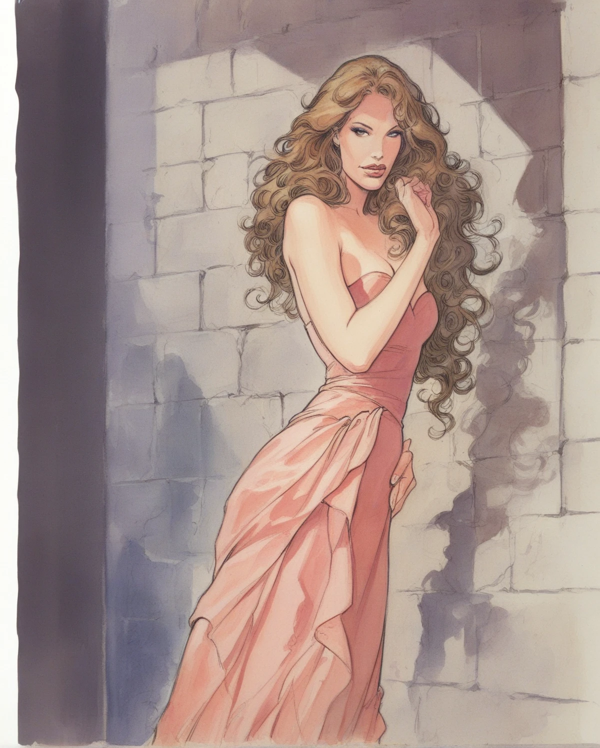 manara, vintage, 1woman, solo, long hair, traditional media, beautiful sexy woman standing on the street, in sexy pose, long hair, wearing evening dress, cowboy shot zPDXL, score_8_up, score_7_up, score_6_up, score_9, illustration