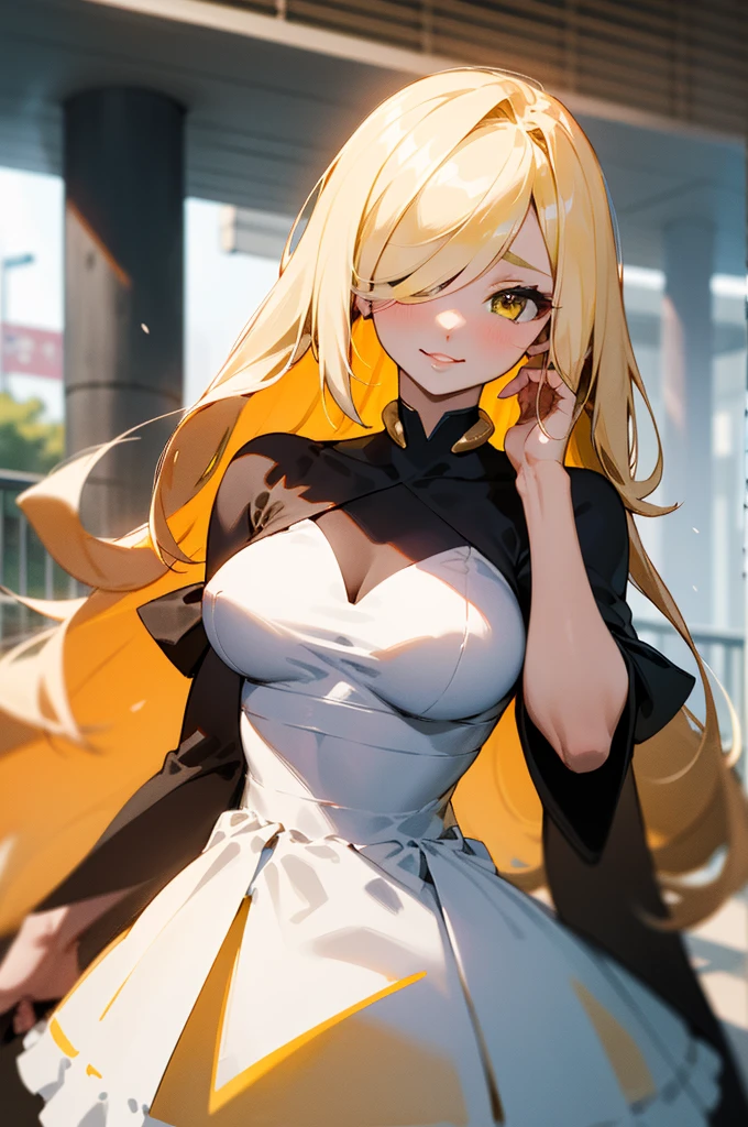 (masterpiece),  top quality,  very detailed bust, One person (Ramping , スレンダーでセクシーなボディ, Big and beautiful breasts,  blondes_hair, 非常に長いhair (hair over one eye:1.3),  yellow eyes,  Half Closed Eyes),  enchanting face ,  wicked smile,  let go of her lips, Alone, Outdoor, street,  standing with different breasts , Slender and sexy body wearing a Lolita dress 