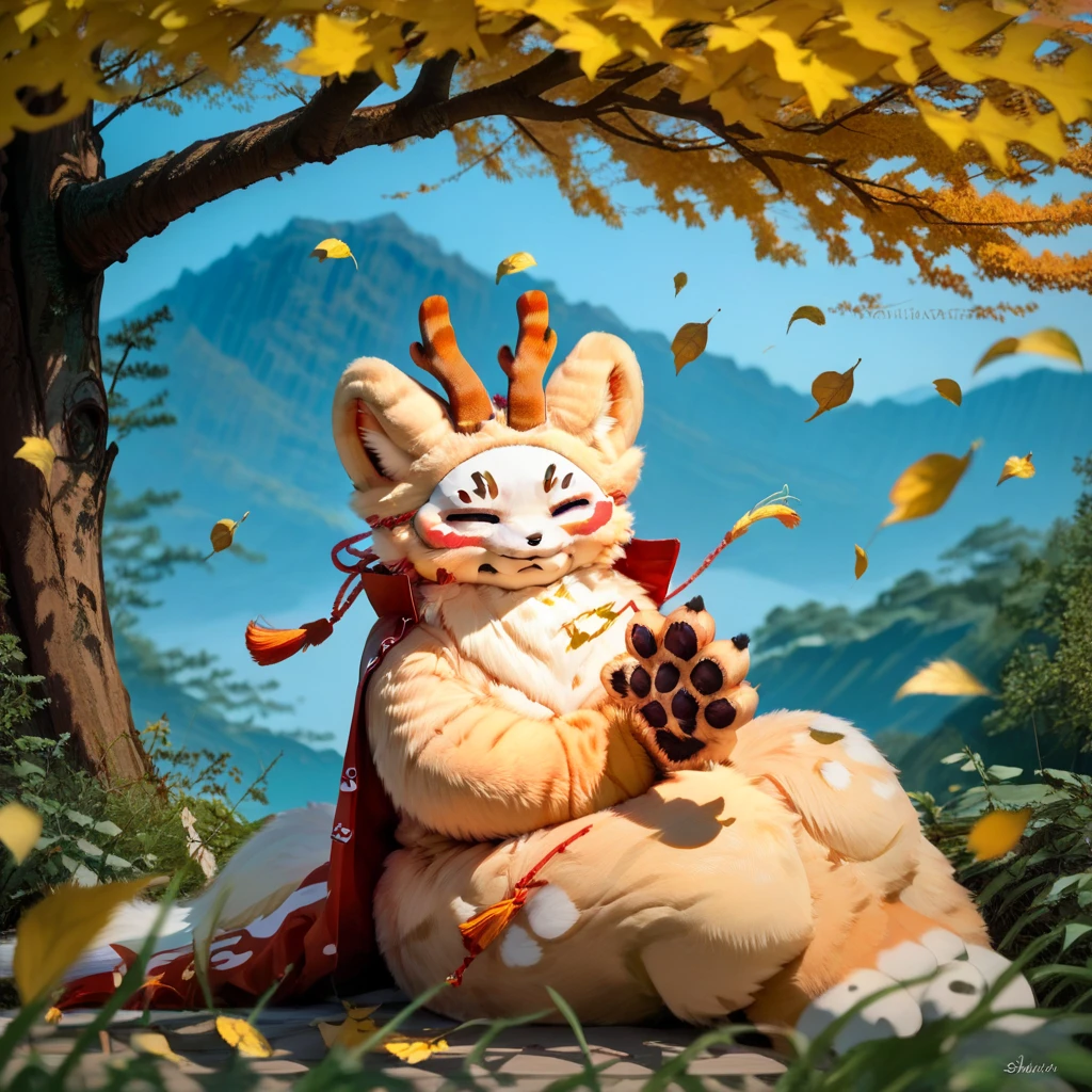 Very detailed, realistic, score_9, score_8_up, score_7_up, sibuxiang, sibuxiang mask, fursuit, furry focus, furry style, furry costume, anthropomorphic, anthro, closed eyes, furry, solo, 1boy, looking at viewer, wind, golden leaves, tree, sitting, fluffy fur, closed mouth, sibuxiang antlers