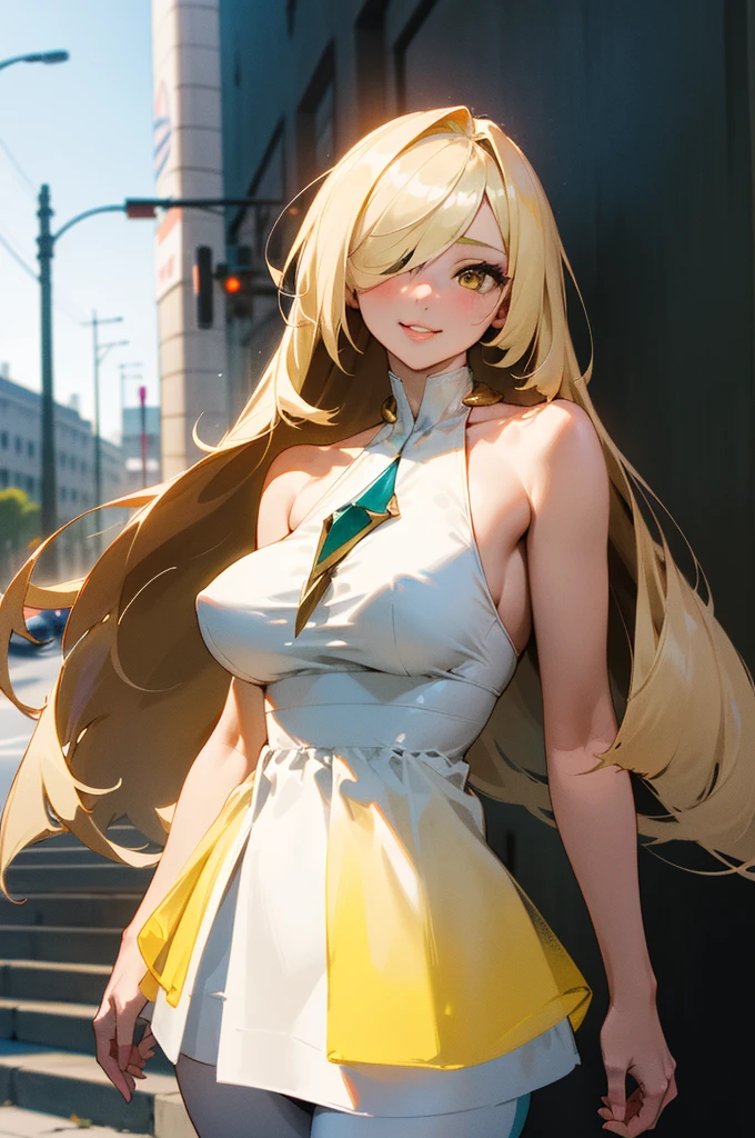 (masterpiece),  top quality,  very detailed bust, One person (Ramping ,  slender and sexy body, Big and beautiful breasts,  blondes_hair, 非常に長いhair (hair over one eye:1.3),  yellow eyes,  Half Closed Eyes),  enchanting face ,  wicked smile,  let go of her lips, Alone, Outdoor, street,  standing with different breasts , Paleo dress 、show off their side