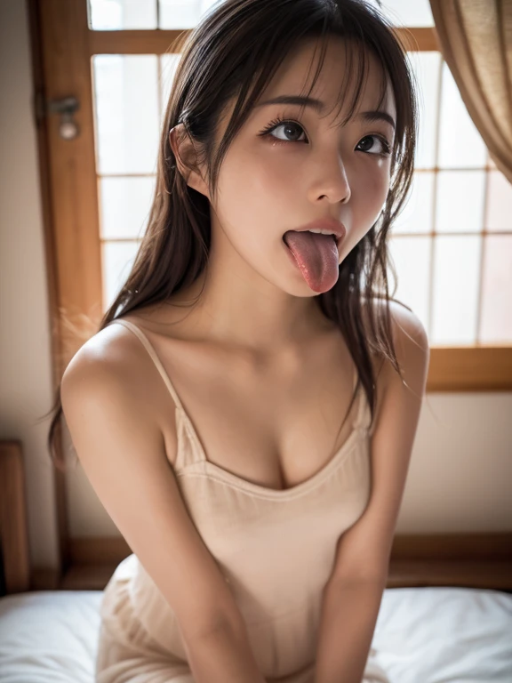 Top quality、Excellent detail、Extremely detailed depiction、((Raw photo))、Delicate skin、Ultra-high resolution、Photorealistic,Bright lighting、(Japanese girl)、Hair up、Expressionless,Nose Blush,short tongue、(looking at the camera:1.1),