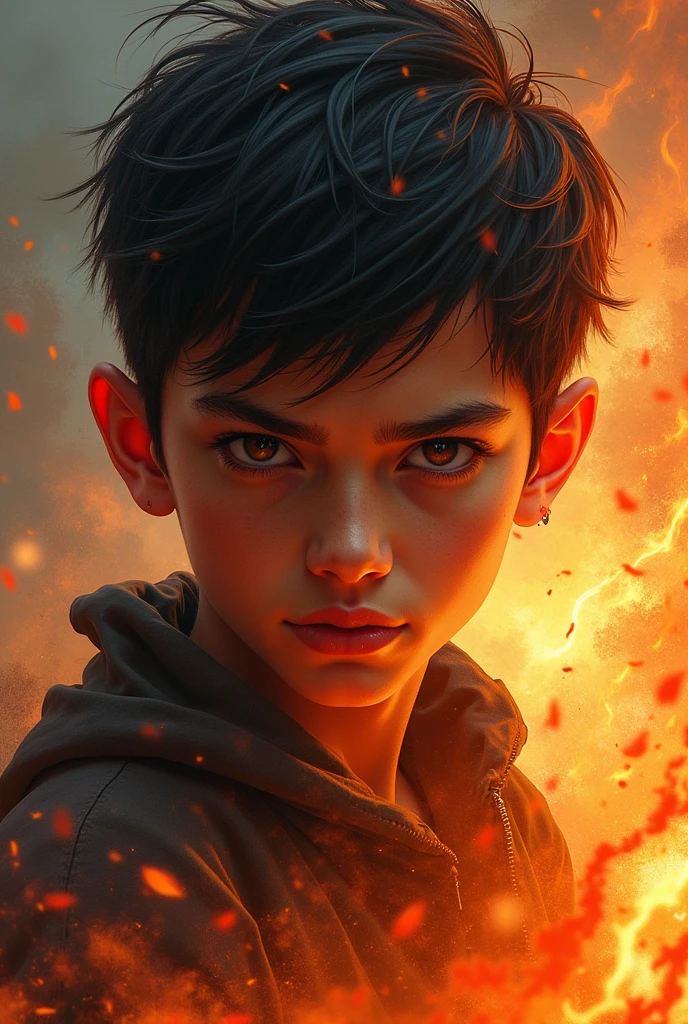 "a young boy showcasing his pyrokinetic abilities, engulfed in realistic and mesmerizing flames. Expect high-quality, 8k artwork that captures the essence of a masterpiece."