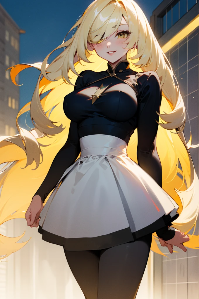 (masterpiece),  top quality,  very detailed bust, One person (Ramping ,  slender and sexy body, Big and beautiful breasts,  blondes_hair, 非常に長いhair (hair over one eye:1.3),  yellow eyes,  Half Closed Eyes),  enchanting face ,  wicked smile,  let go of her lips, Alone, Outdoor, street,  standing with different breasts , Black Lolita Dress 