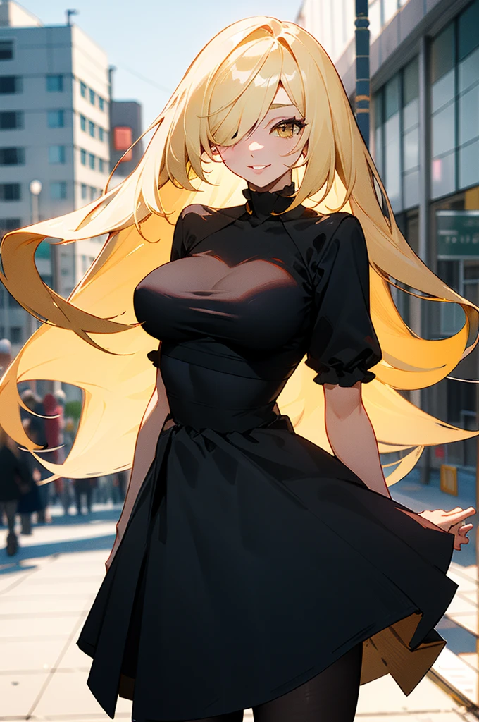 (masterpiece),  top quality,  very detailed bust, One person (Ramping ,  slender and sexy body, Big and beautiful breasts,  blondes_hair, 非常に長いhair (hair over one eye:1.3),  yellow eyes,  Half Closed Eyes),  enchanting face ,  wicked smile,  let go of her lips, Alone, Outdoor, street,  standing with different breasts , Black Lolita Dress 