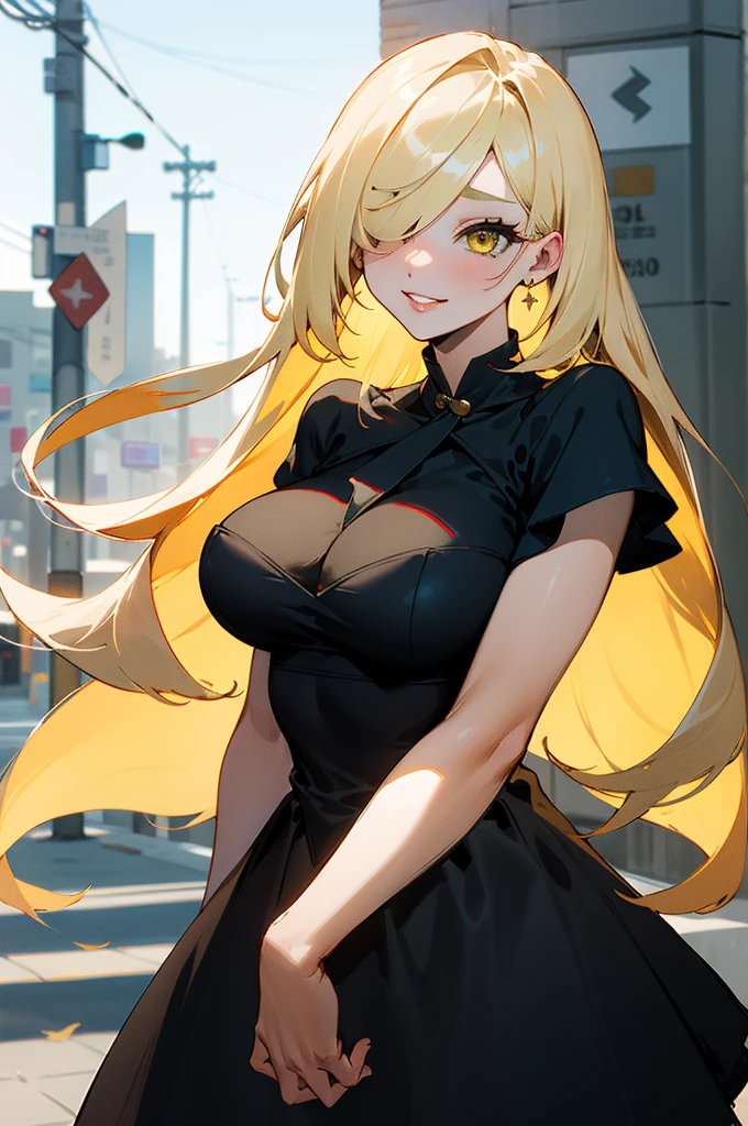 (masterpiece),  top quality,  very detailed bust, One person (Ramping ,  slender and sexy body, Big and beautiful breasts,  blondes_hair, 非常に長いhair (hair over one eye:1.3),  yellow eyes,  Half Closed Eyes),  enchanting face ,  wicked smile,  let go of her lips, Alone, Outdoor, street,  standing with different breasts , Black Lolita Dress 