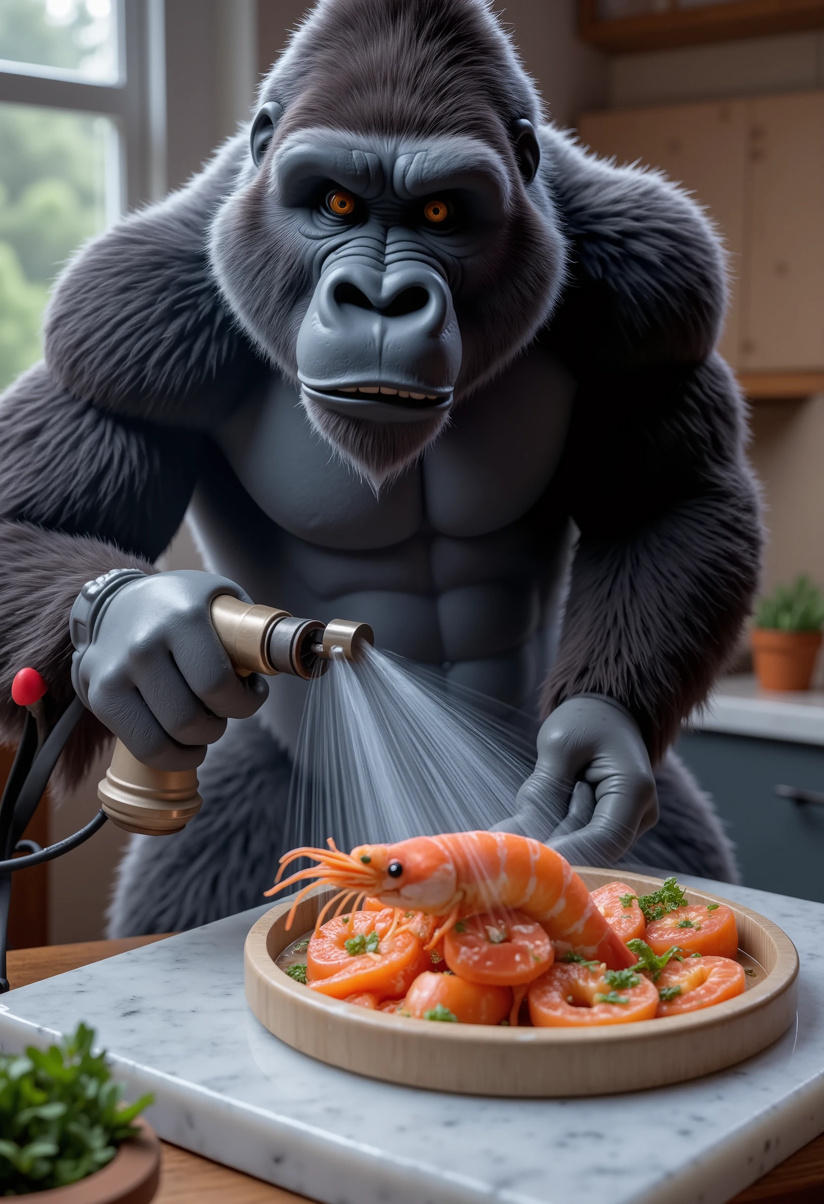 Gorilla washing a shrimp with a pressure washer gun