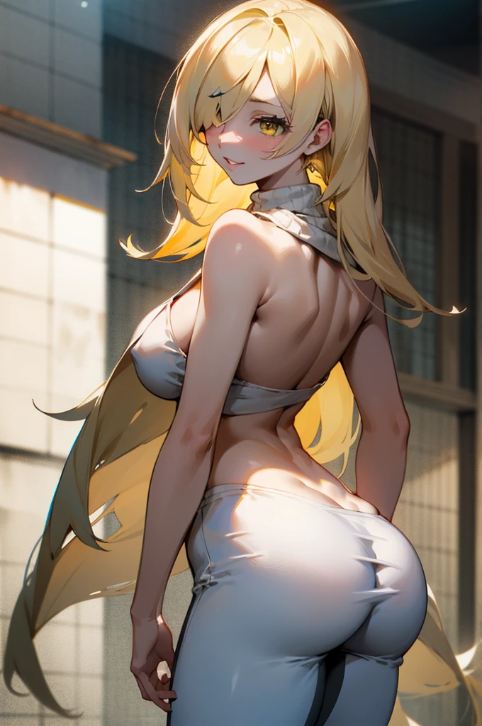 (masterpiece),  top quality,  very detailed bust, One person (Ramping ,  slender and sexy body, Big and beautiful breasts,  blondes_hair, 非常に長いhair (hair over one eye:1.3),  yellow eyes,  Half Closed Eyes),  enchanting face ,  wicked smile,  let go of her lips, Alone, Outdoor, street,  standing with different breasts , A sweater with an exposed back