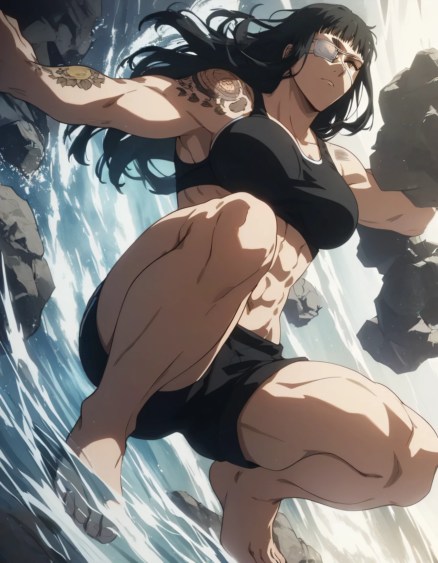 score_9, score_8_up, score_7_up,score_6_up,high resolution,source_anime,s0fiavalm3t,1girl,eyepatch,black hair,long hair,,water,rocks,volumetric lighting,rim lighting,dof,dramatic shadow,full body,dynamic pose,looking at viewer,pov,suspended in air, tattoos on shoulder,wearing sport bra,black sport shorts,Barefoot,training hard,,sporting attraction,fighting bear,gian brown bear,